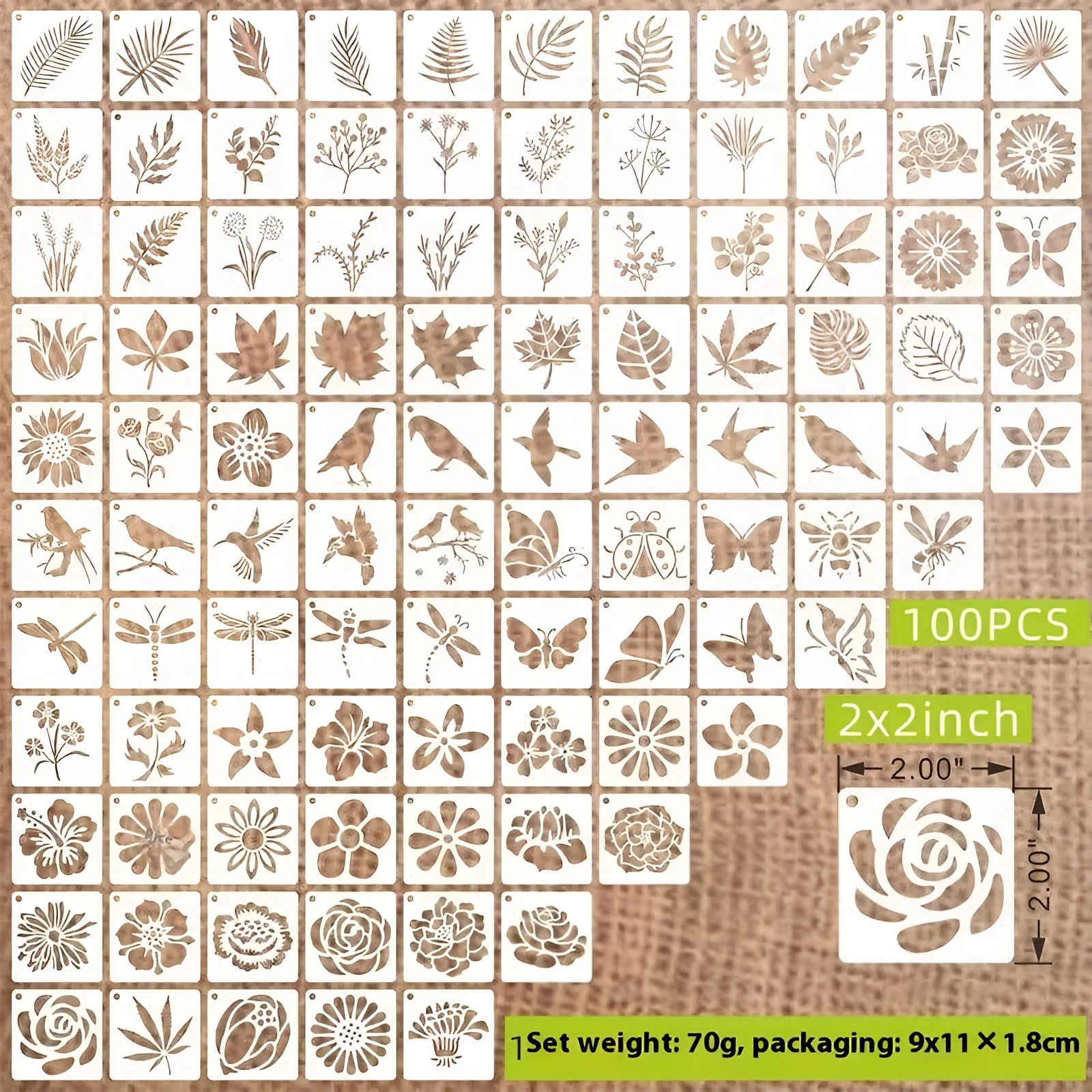 Milky white PET film spray painting stencil sheets with hollow-cut animal, floral, letter, and mandala designs.