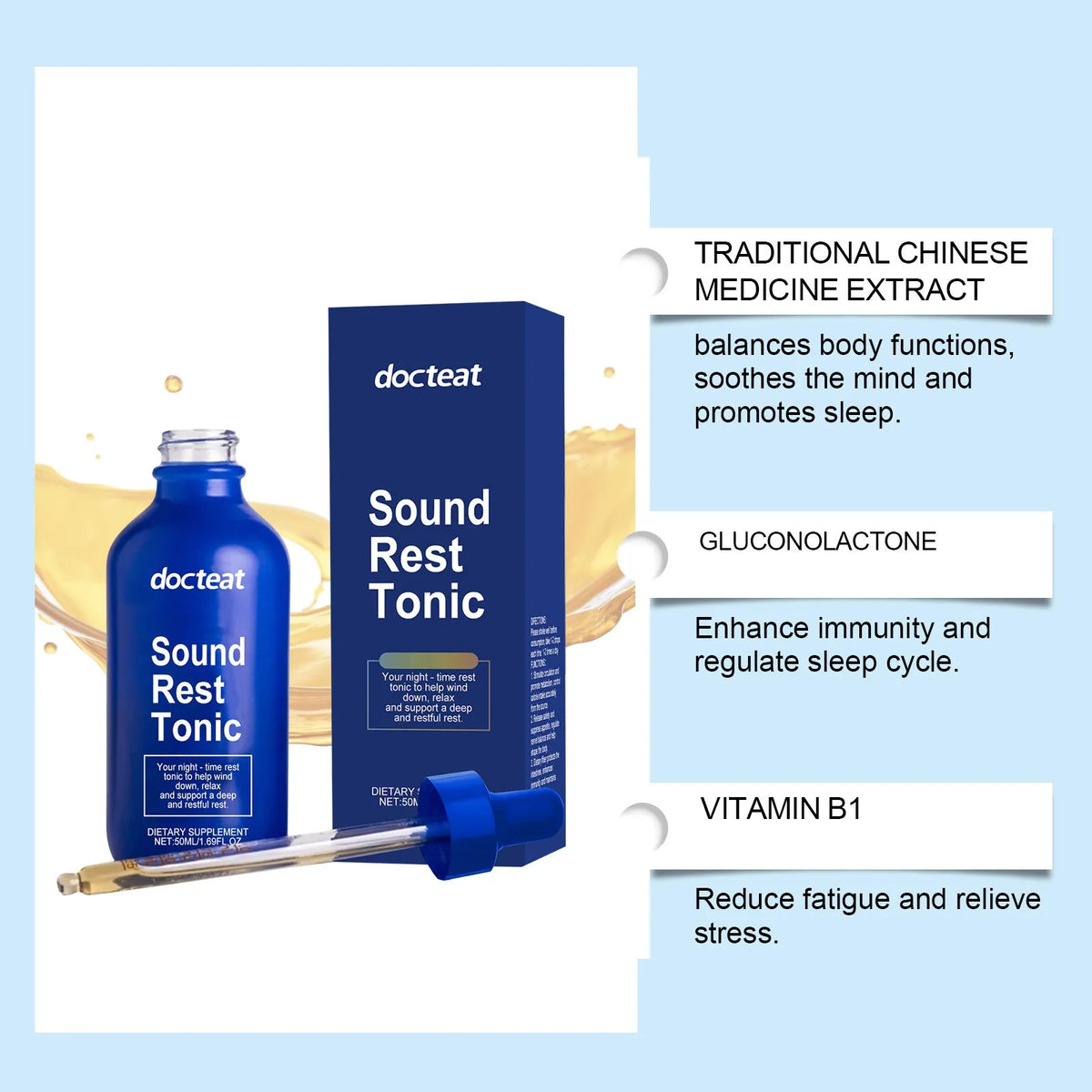 50ml bottle of Sleep Support Herbal Drops with a dropper on a white background