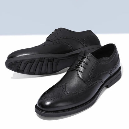 Men's black and brown brogue leather shoes with decorative perforations, business style formal footwear