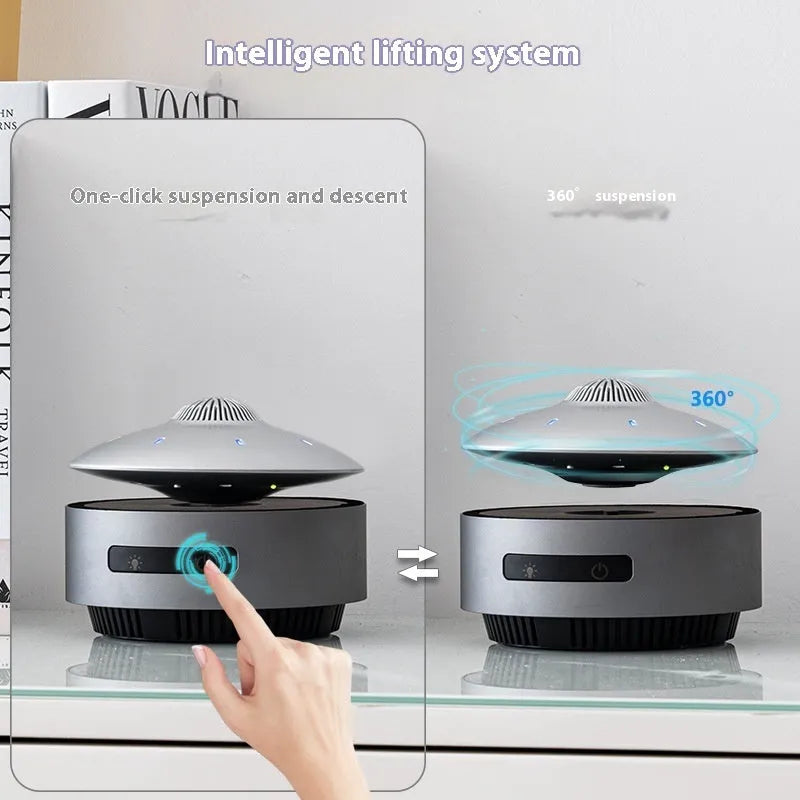 Automatic lifting magnetic levitation Bluetooth speaker in automatic lifting audio colour, showing floating rotating unit.