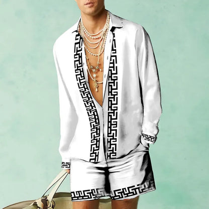 Men's slim fit summer shirt and shorts set in polyester with long sleeves, available in multiple colours