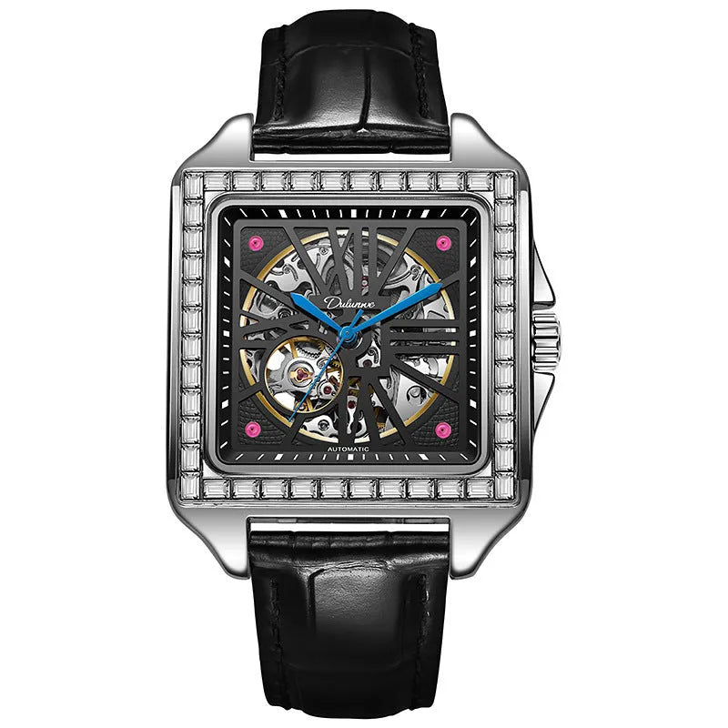 Square automatic watch with diamond-studded design on 6066A stainless steel belt for men's business wear