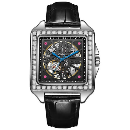 Square automatic watch with diamond-studded design on 6066A stainless steel belt for men's business wear