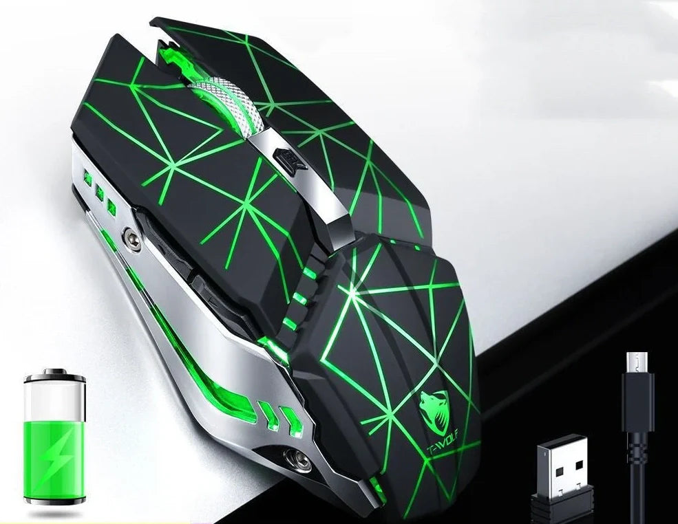 Wireless gaming mouse with RGB lighting in black colour showing six programmable buttons and scroll wheel