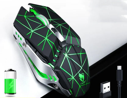 Wireless gaming mouse with RGB lighting in black colour showing six programmable buttons and scroll wheel
