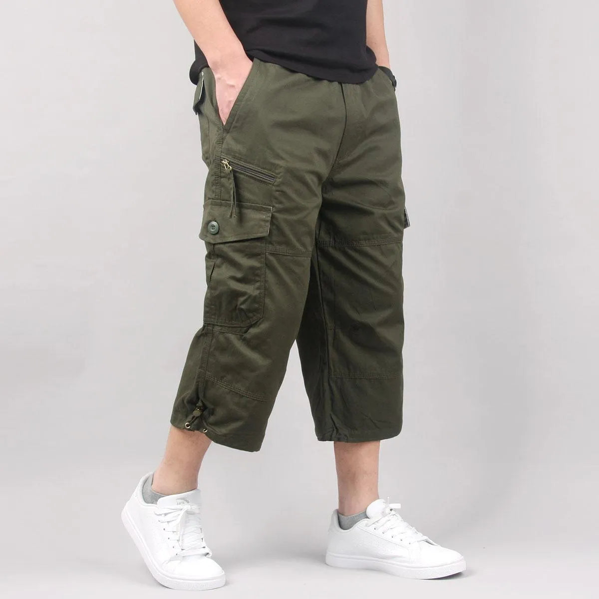 Men's cotton cropped casual pants in loose fit showing khaki colour option