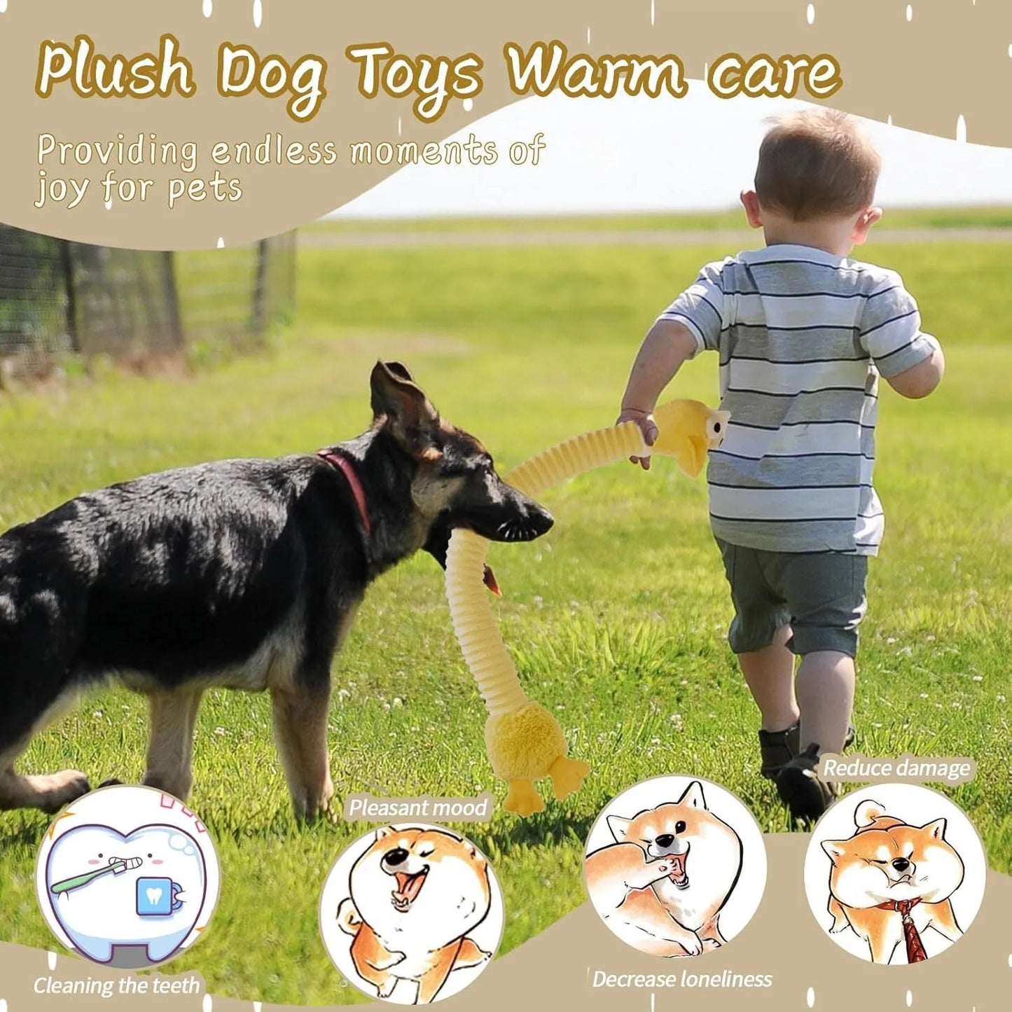 Assorted plush squeaky dog toys with crinkle texture in brown, grey, and yellow colours showing foldable design