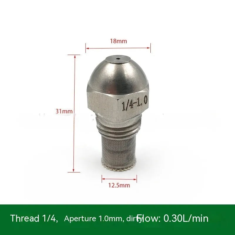 304 stainless steel high and low pressure atomising nozzle with external thread and filter.