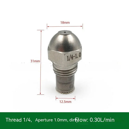 304 stainless steel high and low pressure atomising nozzle with external thread and filter.
