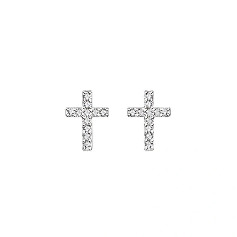 Stainless steel cross earrings with zircon inlay in white gold and gold finishes