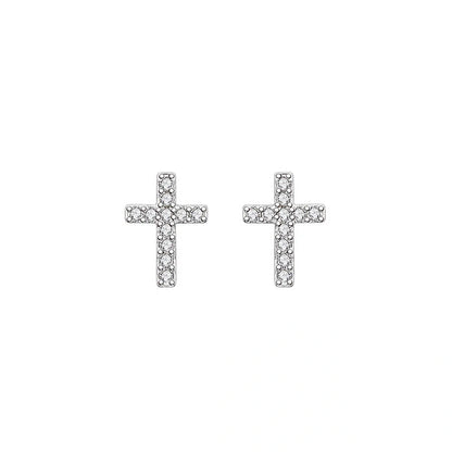 Stainless steel cross earrings with zircon inlay in white gold and gold finishes