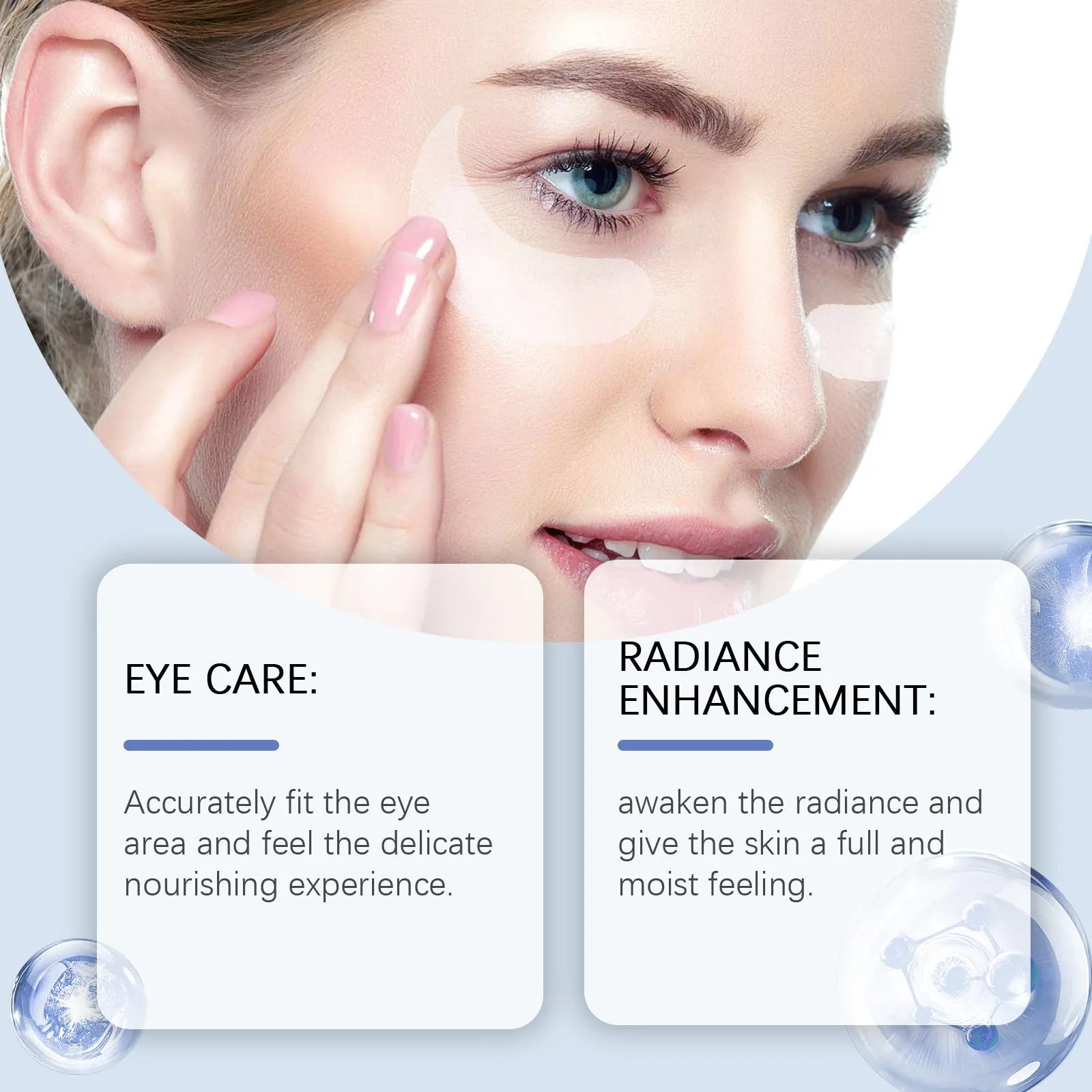 One pair of clear hydrogel microneedle eye patches for wrinkle care on a skincare background.