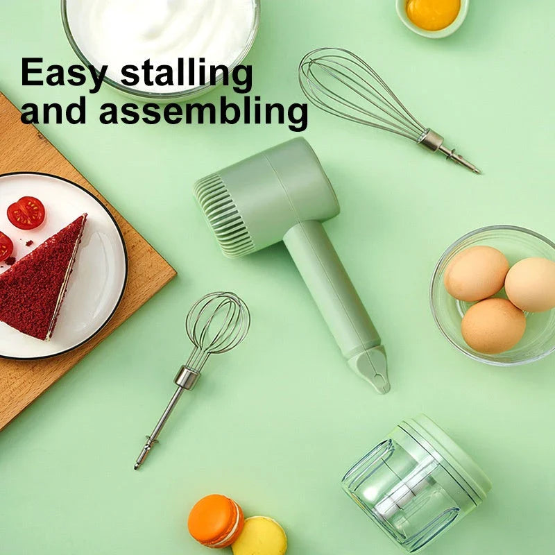 Cordless Electric Hand Mixer with 3-speed settings, rechargeable design, and whisk and egg beater attachments for baking