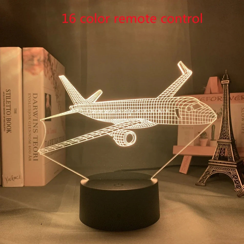 Custom 3D airplane hologram night light with optical acrylic panel and ABS base showing colour-changing illumination