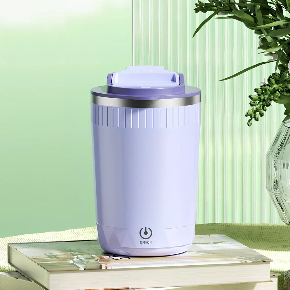 Beige auto stirring electric coffee cup, 400ml capacity, 14cm tall with USB rechargeable stirrer and insulated walls