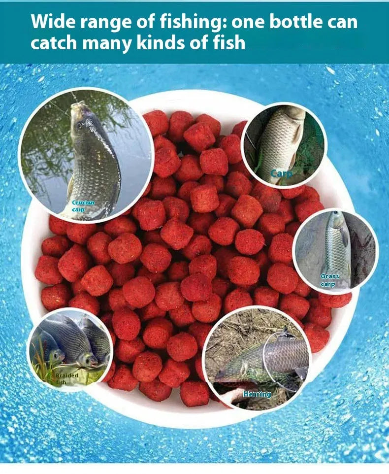 Bottle of grass green lazy particle fishing bait with fresh red pellets for crucian carp