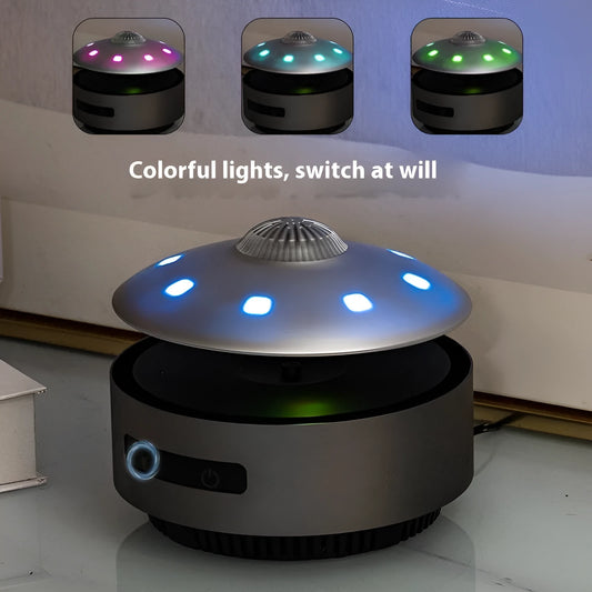 Automatic lifting magnetic levitation Bluetooth speaker in automatic lifting audio colour, showing floating rotating unit.