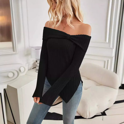 Women's ribbed knit one shoulder sweater with bow tie detail in various colors