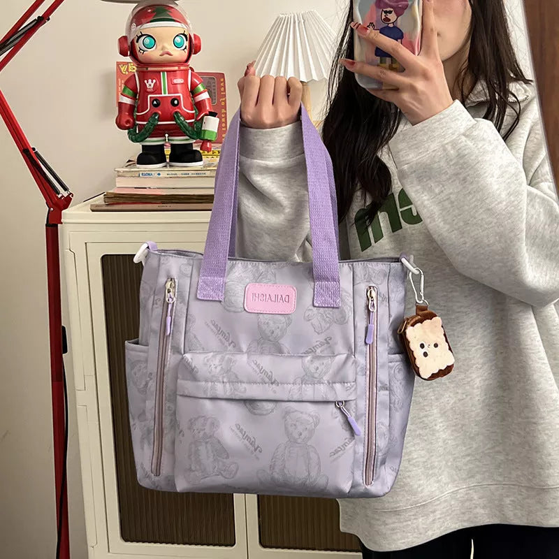 Bear print large capacity tote bag with single shoulder strap in multiple colors