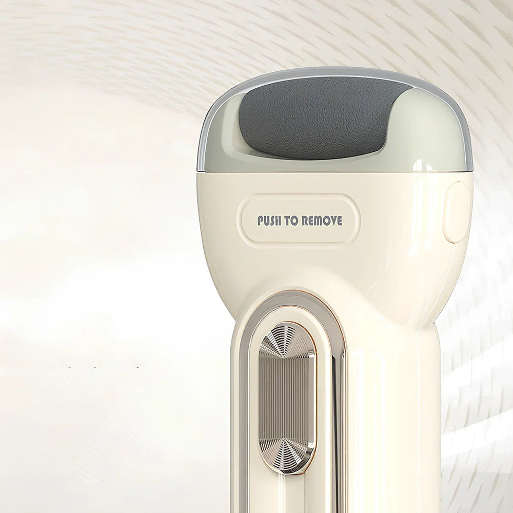 Electric foot grinder with three grinding heads in beige, green, and purple colour options