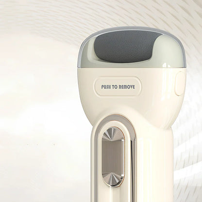 Electric foot grinder with three grinding heads in beige, green, and purple colour options