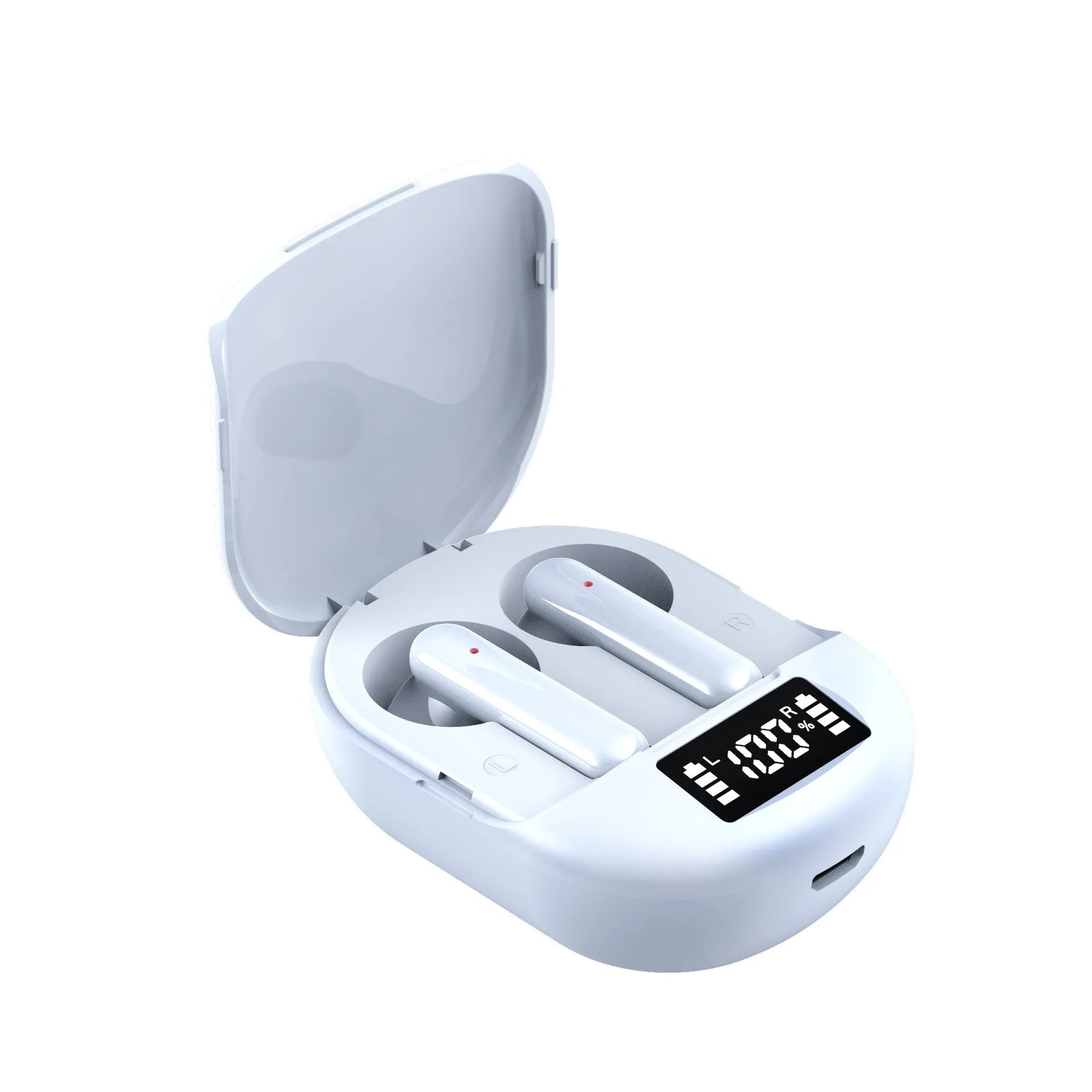 Wireless Bluetooth in-ear headphones with charging case, available in black or white colours