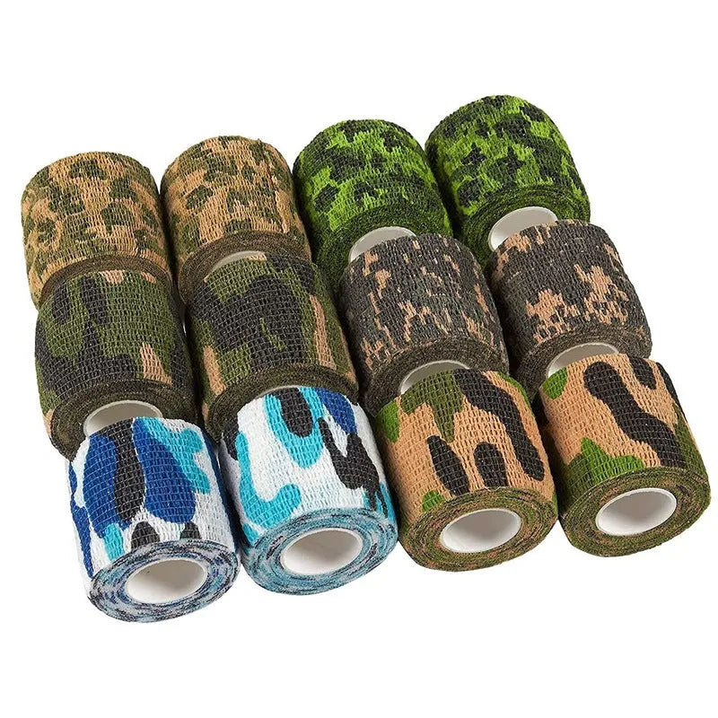 Roll of non-woven elastic camouflage bandage tape in a forest pattern, 4.5 metres long and 5cm wide.