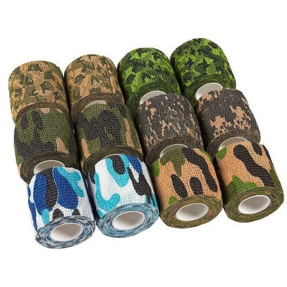 Roll of non-woven elastic camouflage bandage tape in a forest pattern, 4.5 metres long and 5cm wide.