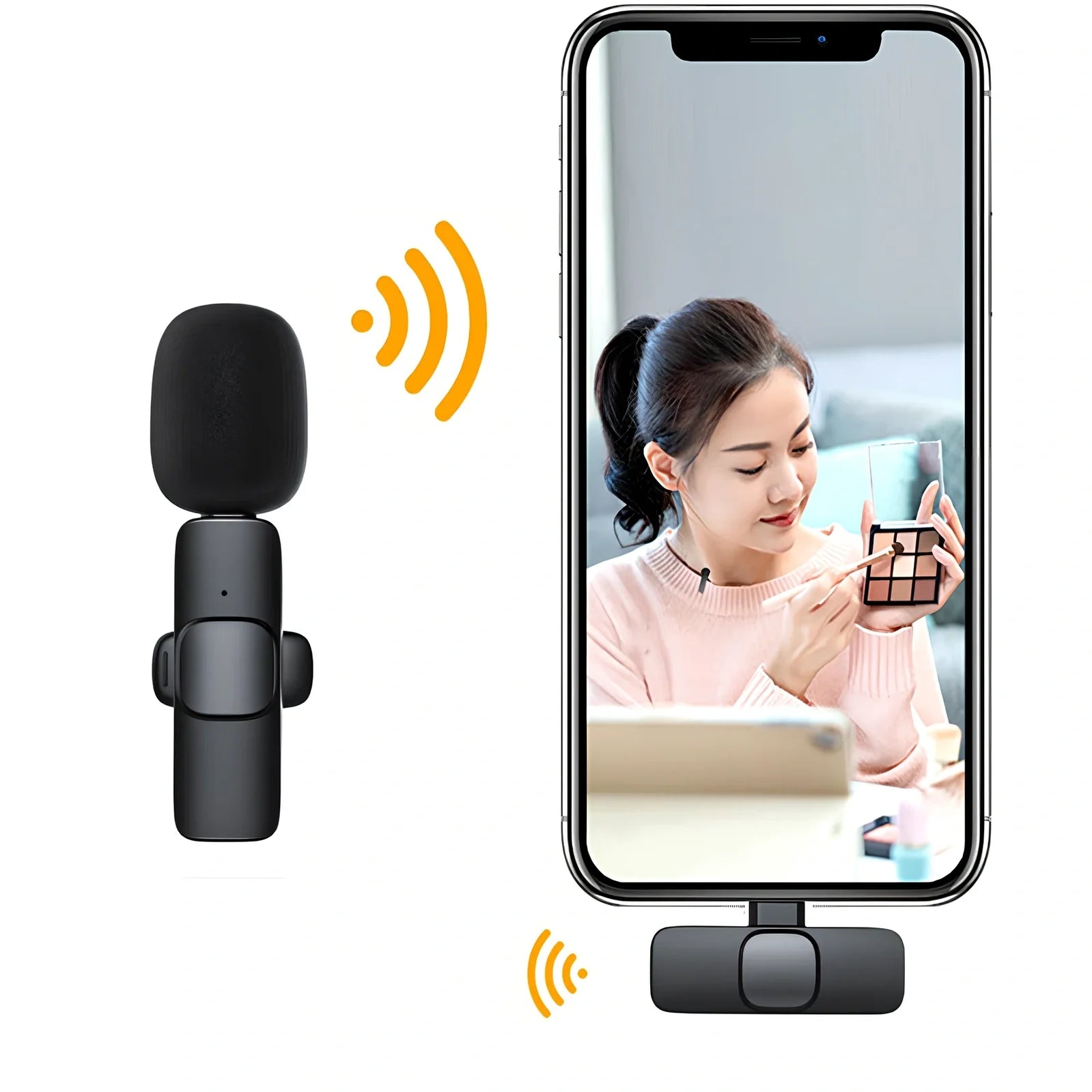 Wireless lavalier microphone with clip showing compact 130x90x25mm dimensions and multiple interface connectors