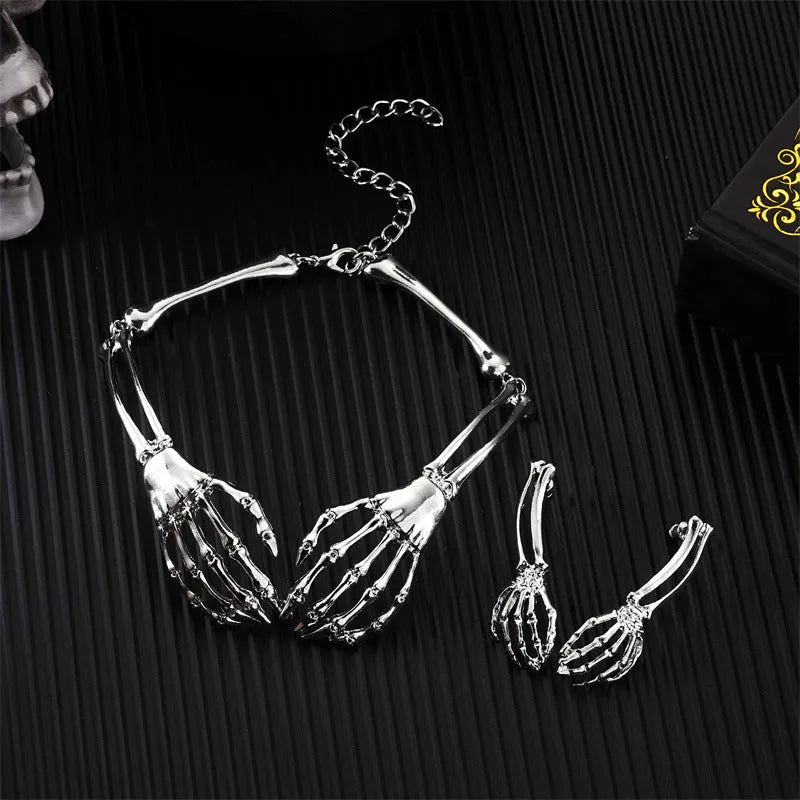 Dark style skull and ghost hand necklace and earrings set with electroplated alloy construction
