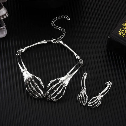 Dark style skull and ghost hand necklace and earrings set with electroplated alloy construction