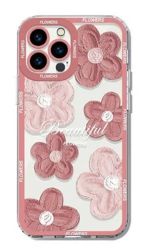 Transparent silicone phone case with oil painting flowers and light pink letter butterfly design for Apple iPhone.