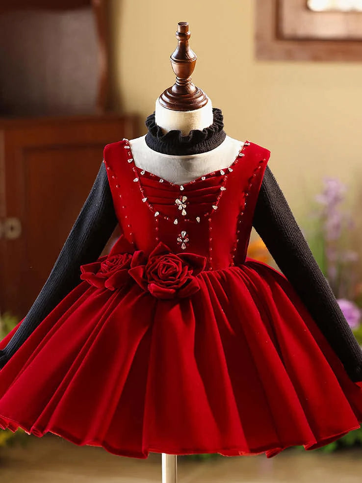 Girls sleeveless piano dress wine red colour slim fit round neck