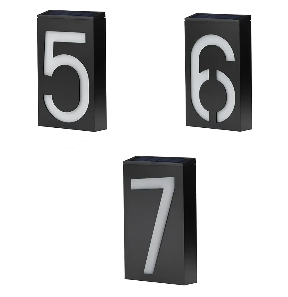 Solar powered house number with LED illumination showing waterproof construction and concealed mounting