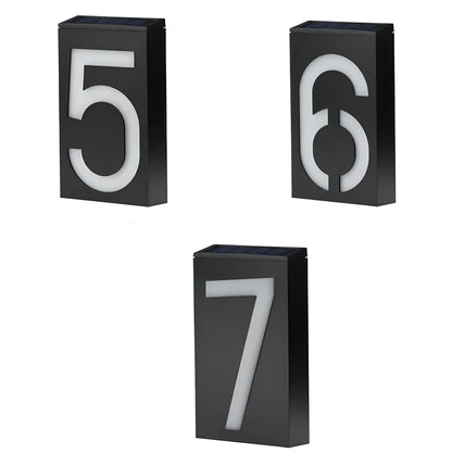Solar powered house number with LED illumination showing waterproof construction and concealed mounting