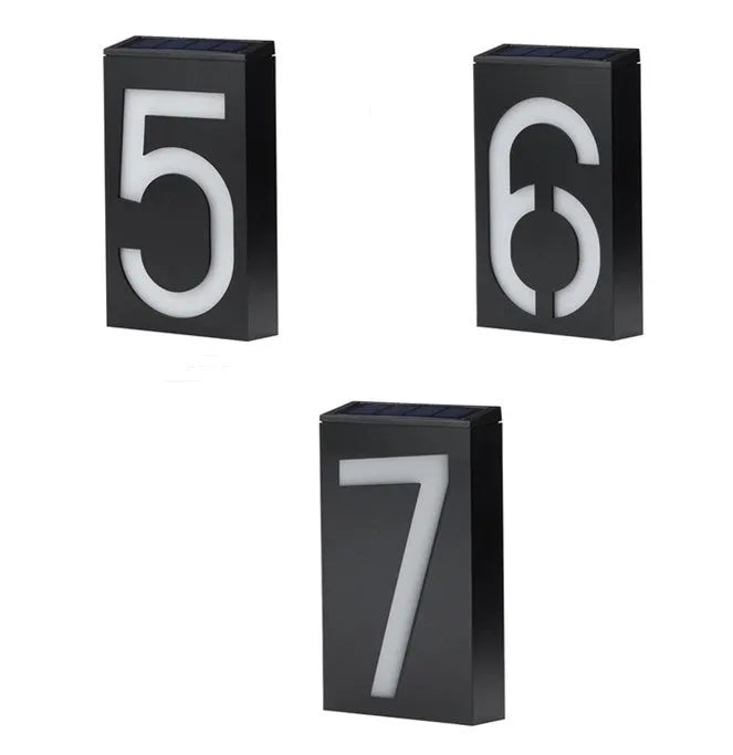 Solar-powered house number light with 6 LED illumination and concealed wall-mounting design