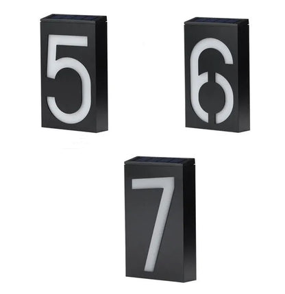 Solar-powered house number light with 6 LED illumination and concealed wall-mounting design