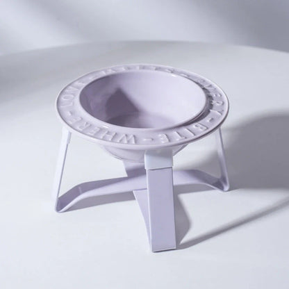 Ceramic cat bowl with iron anti-tip frame in blue colour with silicone pad