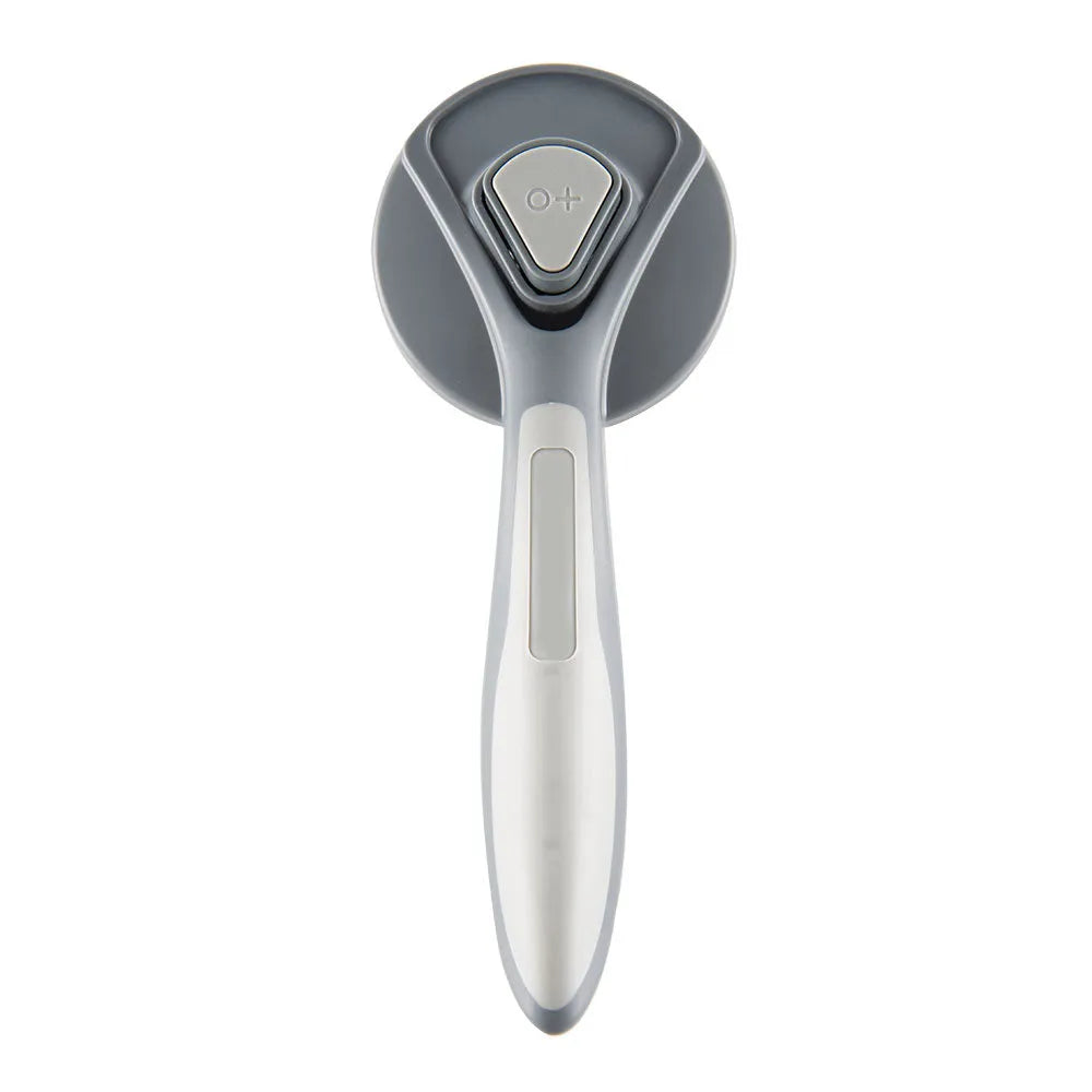 Grey self-cleaning slicker brush for pet grooming with one-click button and massage bristles