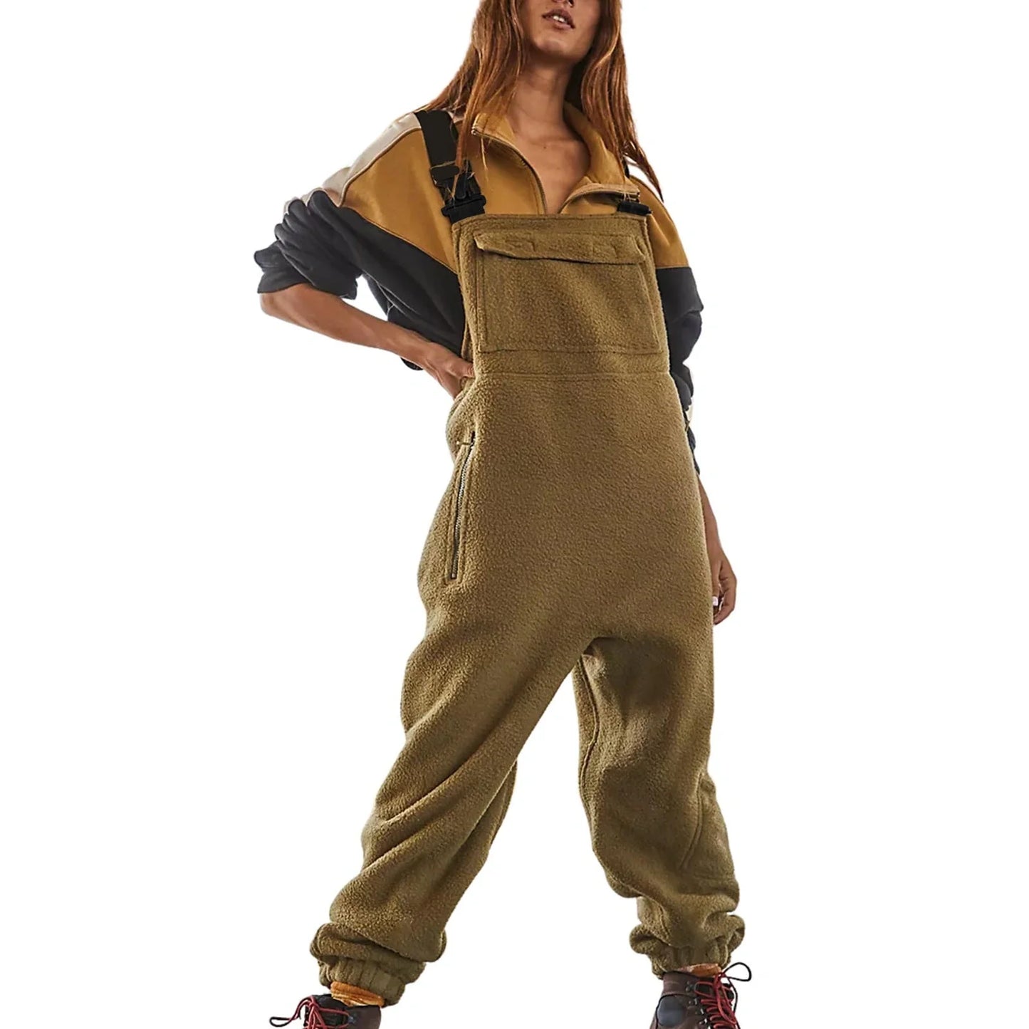 Premium polar fleece jumpsuit in various colors, featuring adjustable suspenders and a wide waistband for a customized fit.