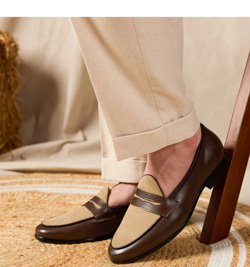 Coffee grey suede leather loafers with rubber sole and kick closure in British style