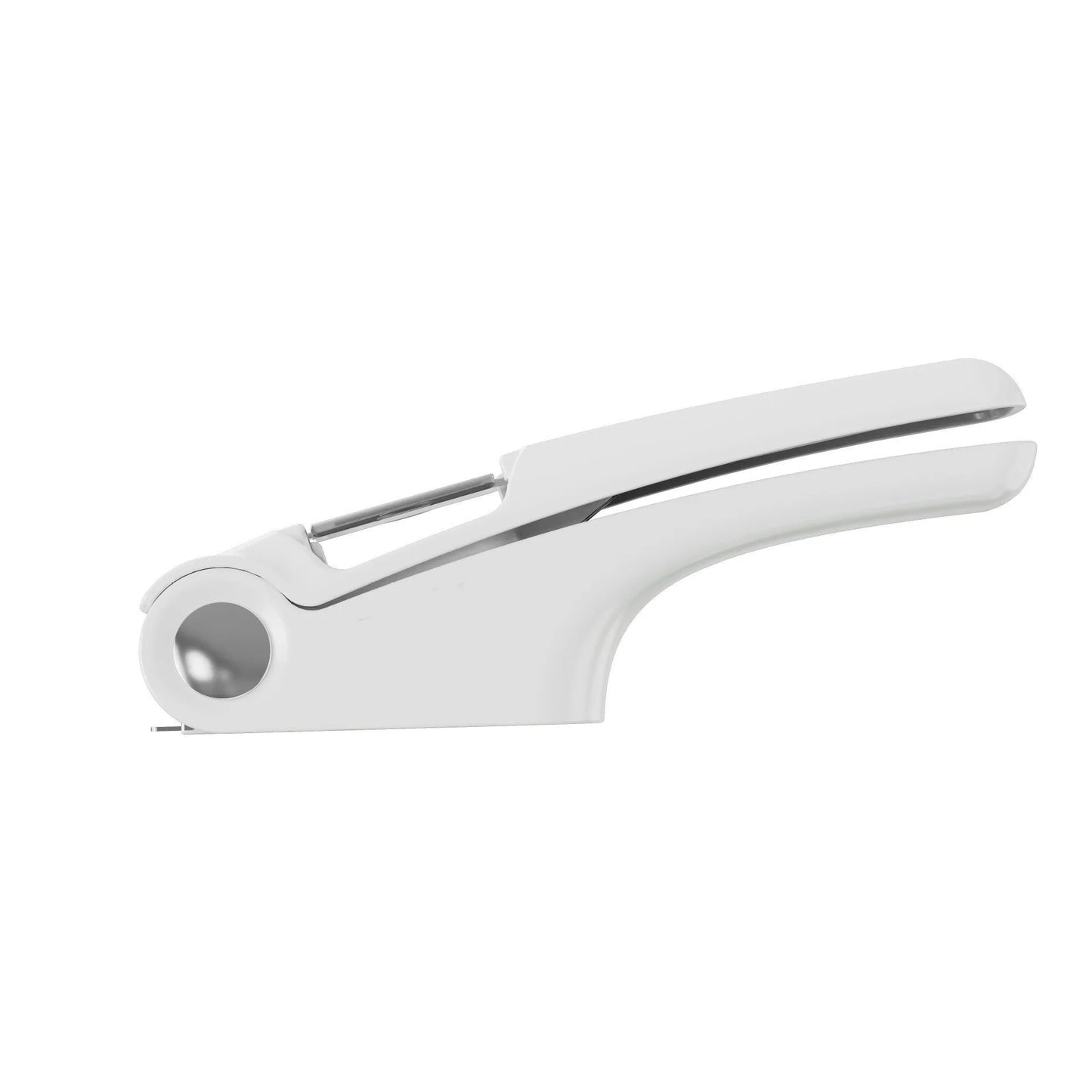 White manual garlic press with stainless steel mechanism on wooden kitchen surface