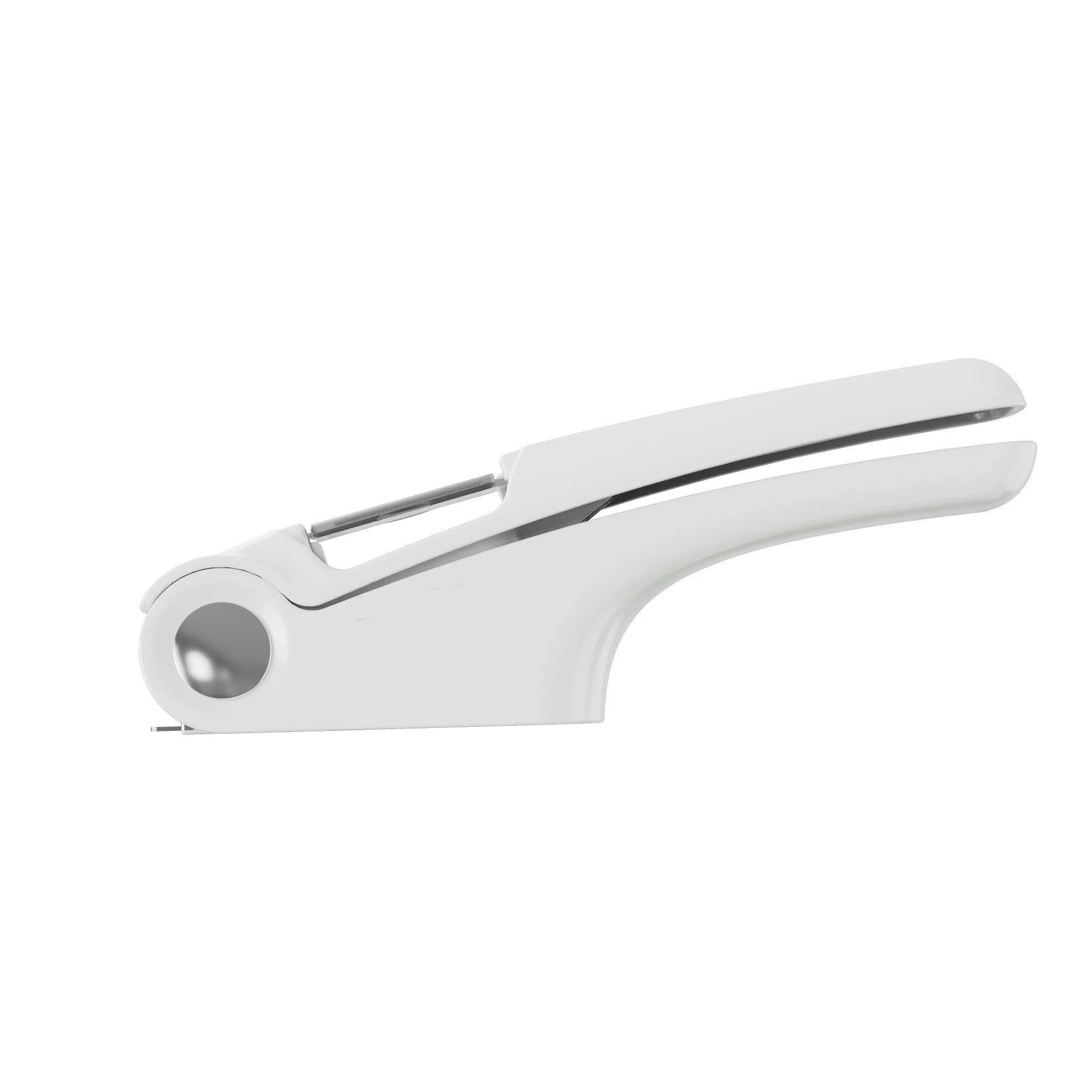 White manual garlic press with stainless steel mechanism on wooden kitchen surface