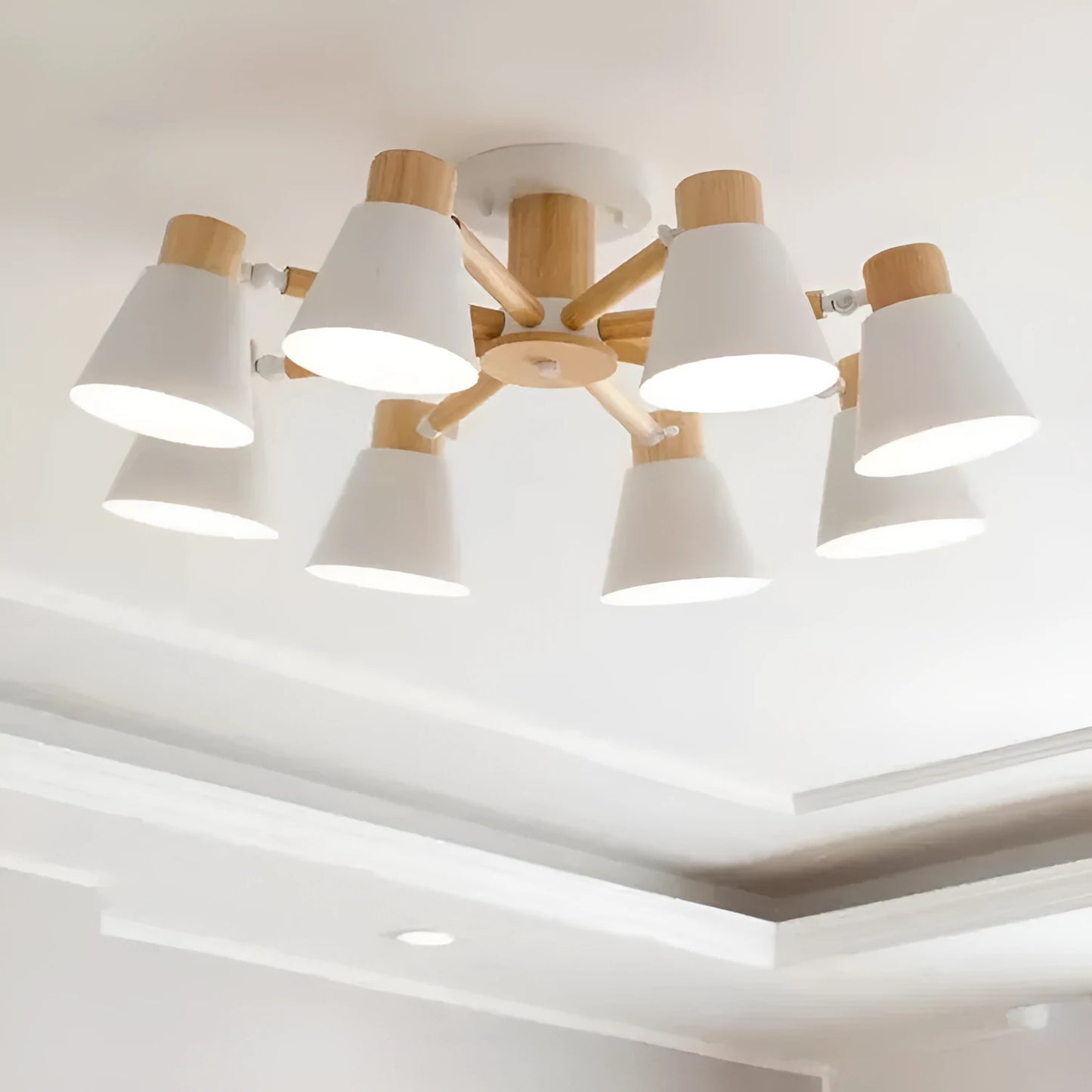 Nordic Macaron ceiling lamp with ironwood construction and multiple light heads in various colour options