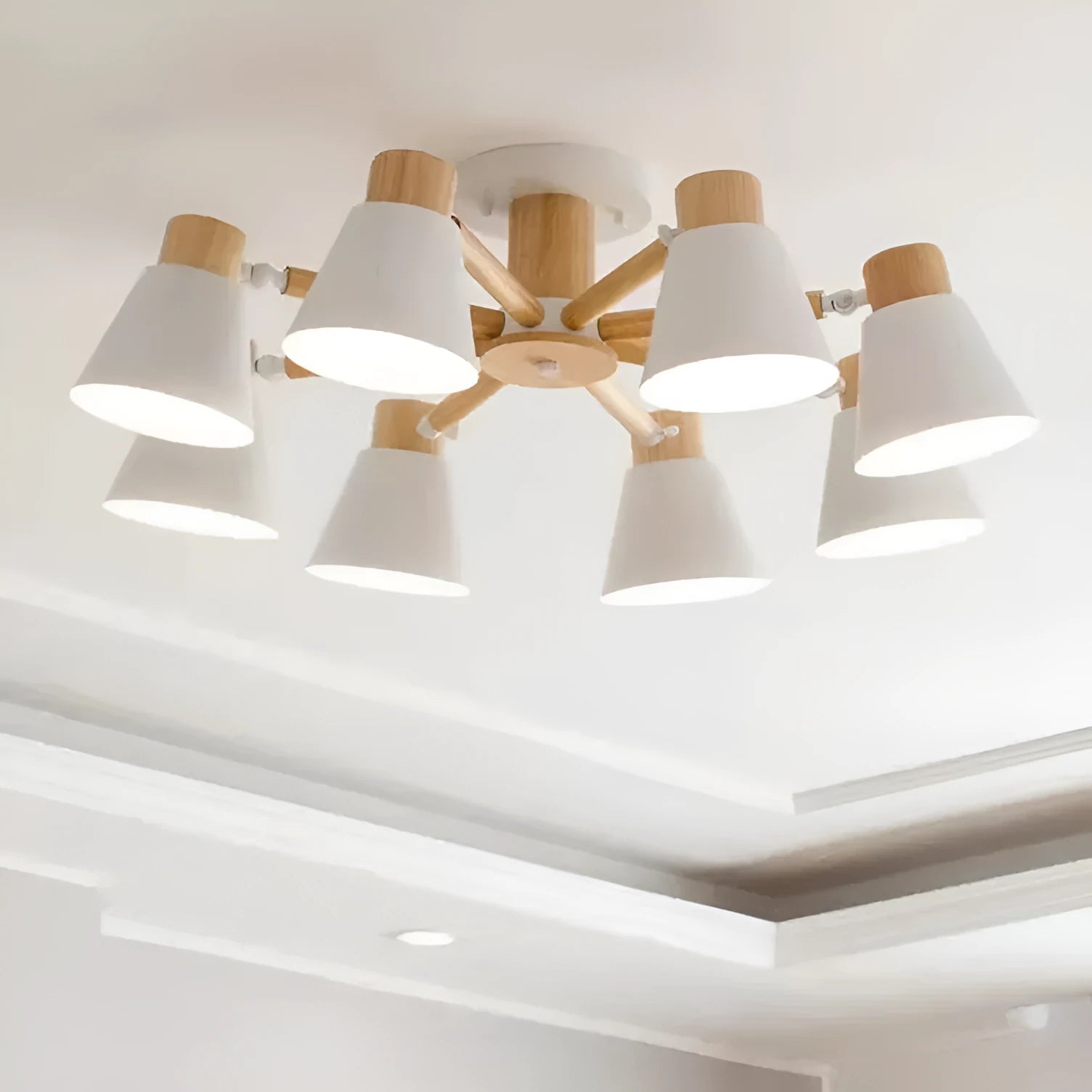 Nordic Macaron ceiling lamp with ironwood construction and multiple light heads in various colour options