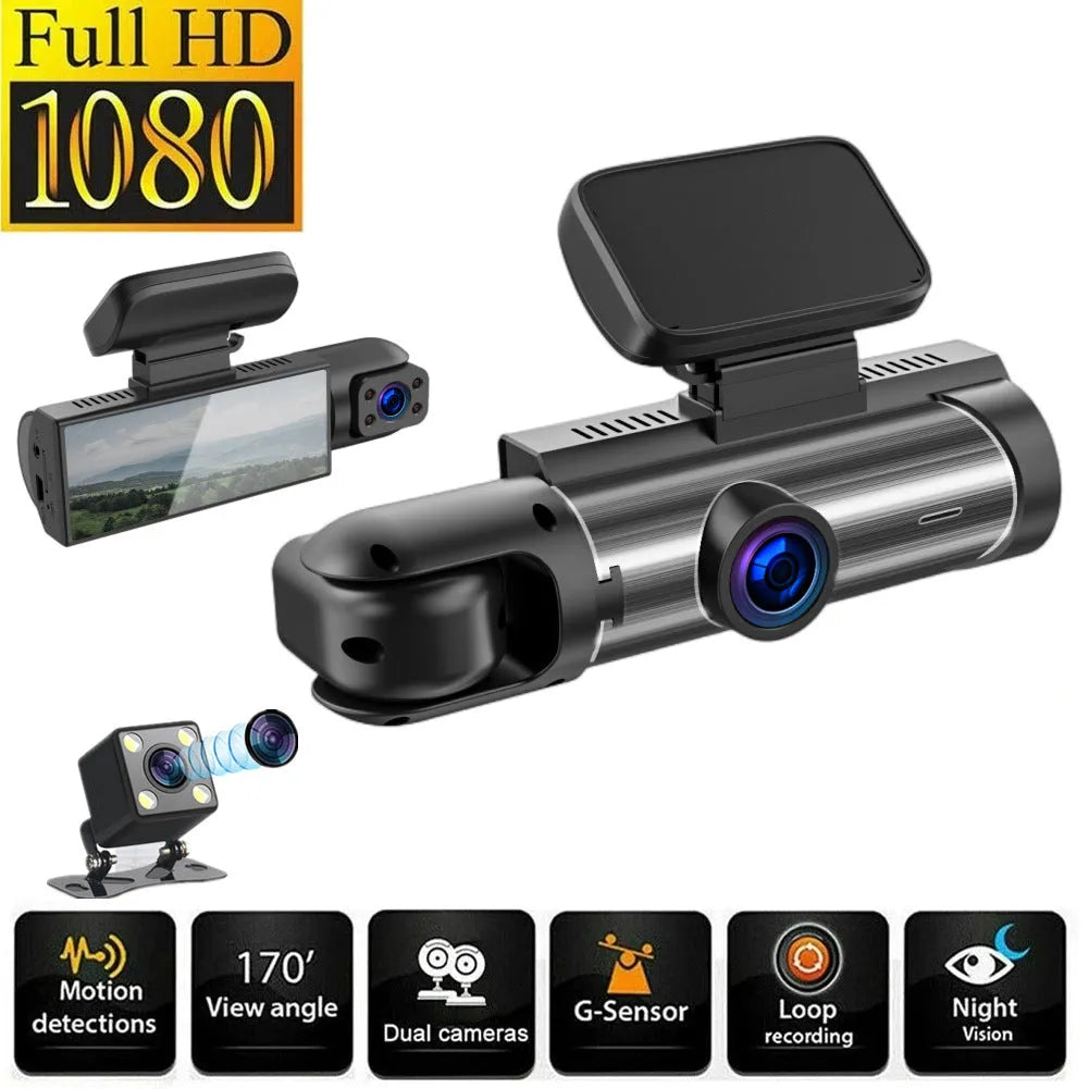 Dual-lens HD driving recorder with 3.5-inch screen showing vehicle footage