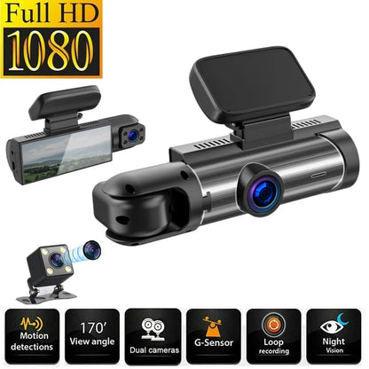Dual-lens HD driving recorder with 3.5-inch screen showing vehicle footage