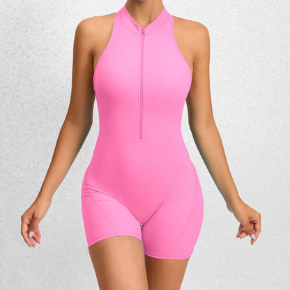 Women's sleeveless tummy control shapewear jumpsuit with zipper closure, available in multiple colors and sizes
