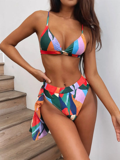 Red printed women's split swimsuit with nylon fabric for swimming and water sports