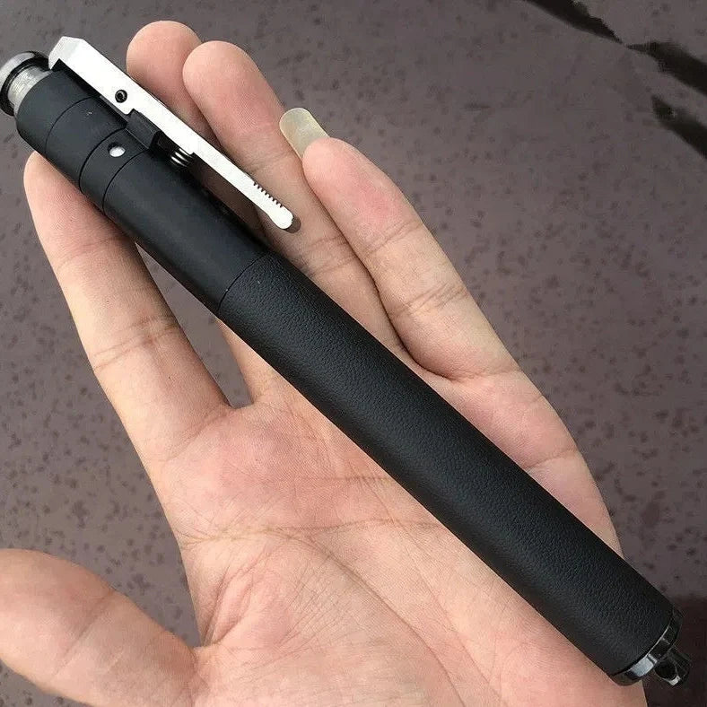 Automatic spring expandable baton in titanium black with aluminium alloy construction showing three length options